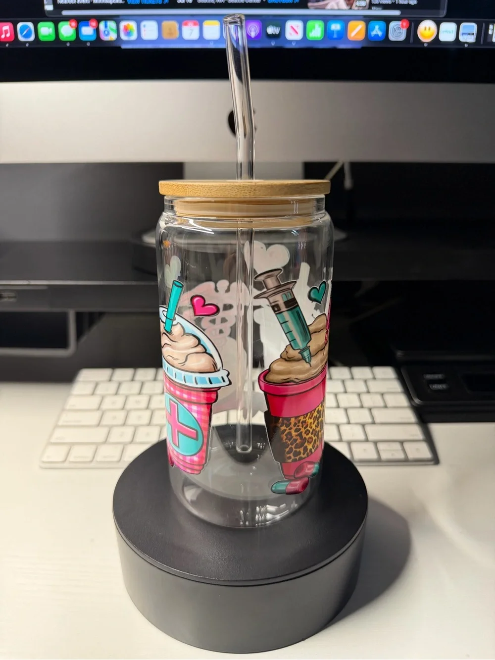 Clear Glass Tumbler With Pink Medical & Coffee Graphics